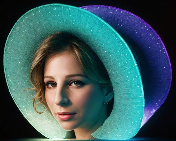 Close-up of a woman in a glowing oversized hat