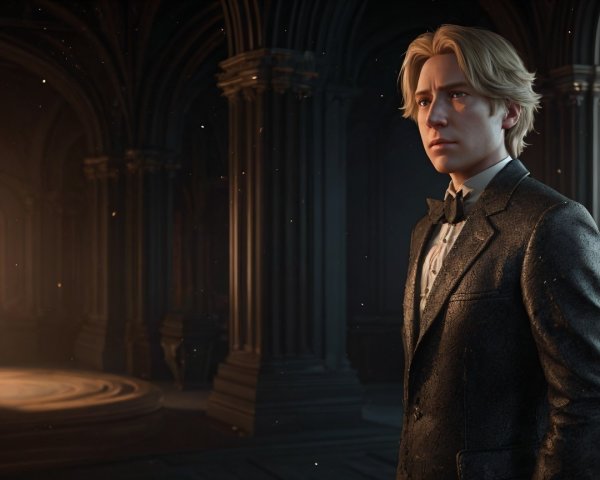 Young man in tuxedo in ornate, dimly lit space