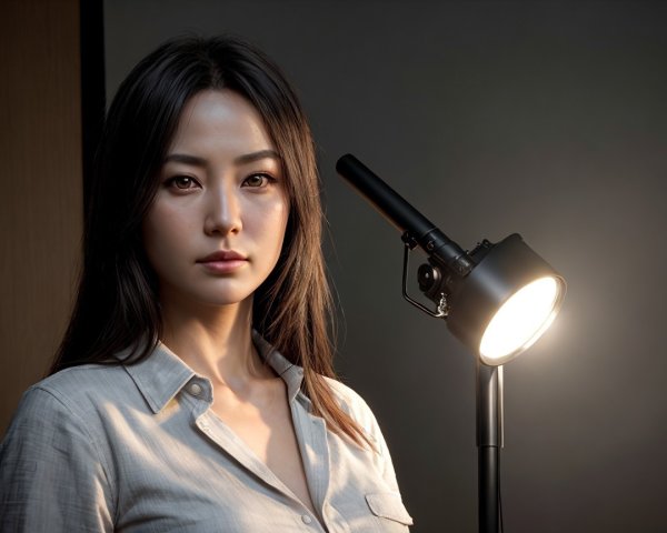 Woman with dark hair beside modern warm lamp