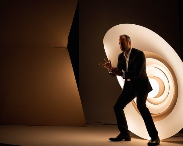 Stylish Man in Black Suit Against Light Installation