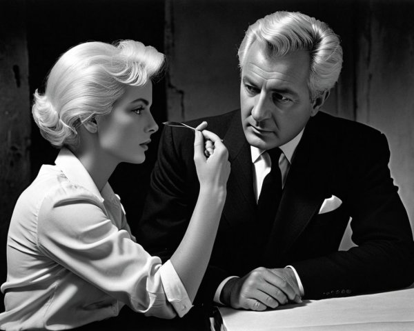 Glamorous Black-and-White Makeup Scene with Couple