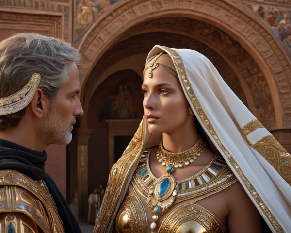 Regal Couple in Ornate Golden Attire and Architecture