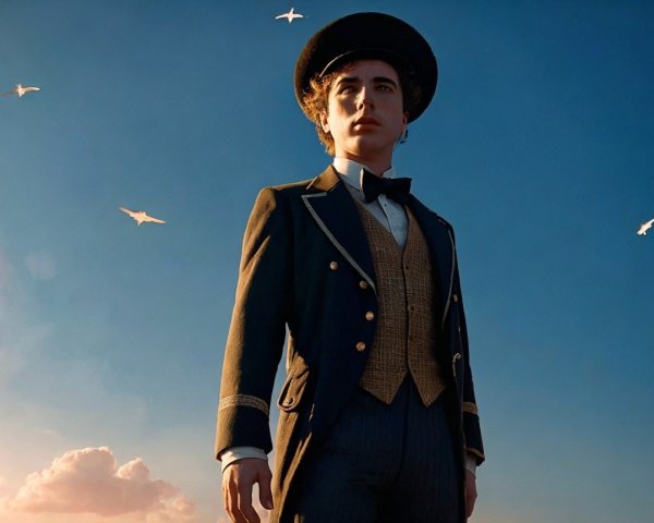 Young Man in Vintage Outfit Against Dramatic Sky