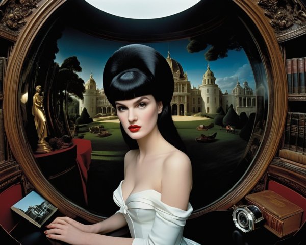 Elegant Woman in Surreal Landscape with Mansion