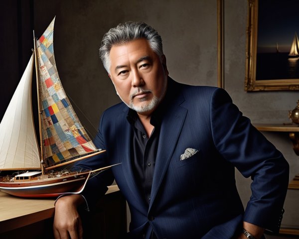 Elegant Man with Silver Hair by Sailboat Model