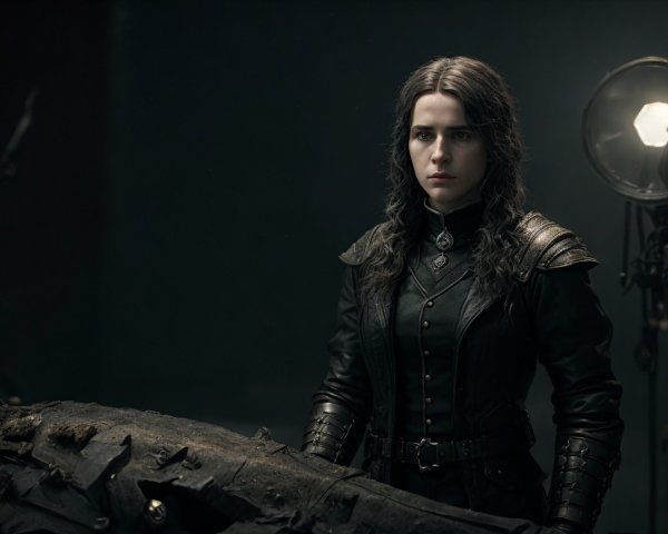 Young woman in dark outfit with dramatic lighting
