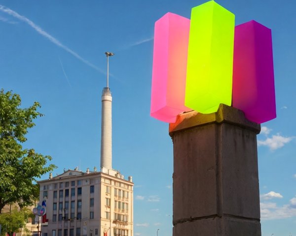 Colorful Geometric Lamp in Urban Street Scene