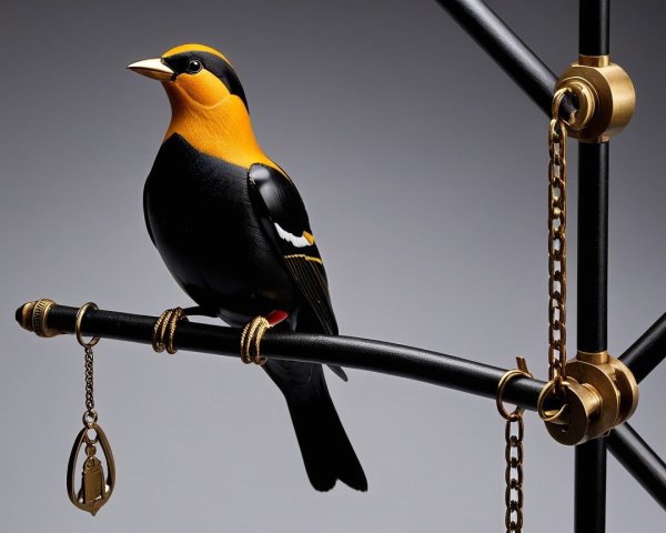 Lifelike bird sculpture with vibrant orange and black plumage