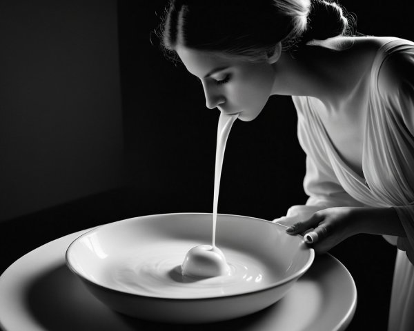 Black-and-white image of a woman pouring liquid into a bowl