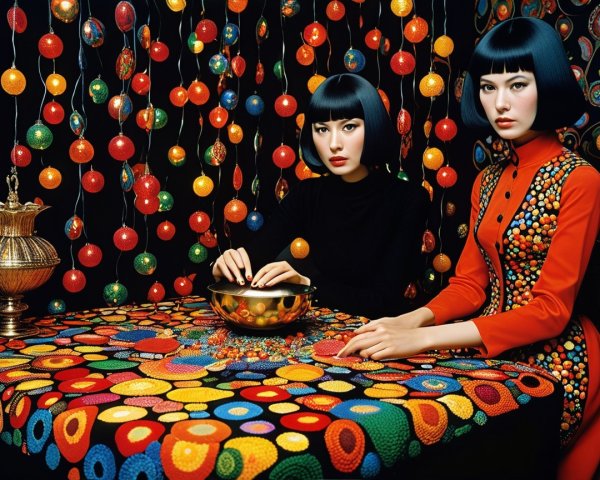 Elegant Women at Colorful Table with Lanterns