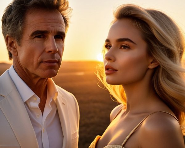 Couple in Elegant Attire Against a Sunset Background