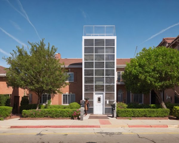 Modern Brick Building with Glass Elevator and Greenery