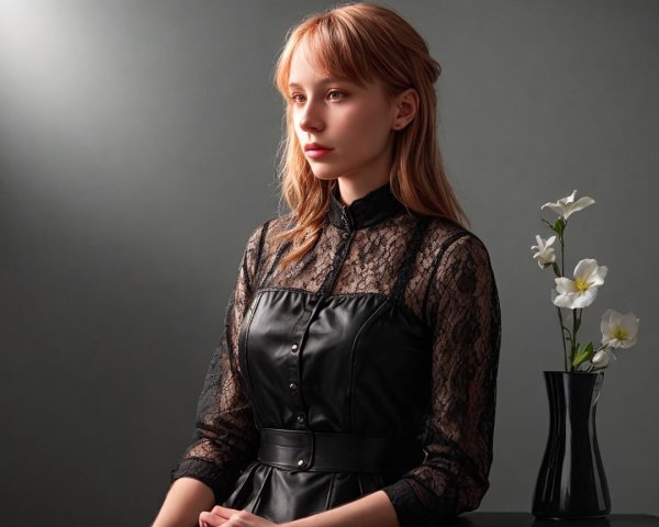 Young woman in lace dress beside white flowers