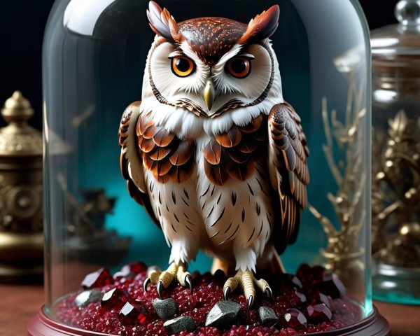 Owl Figurine Under Glass Dome with Vibrant Crystals