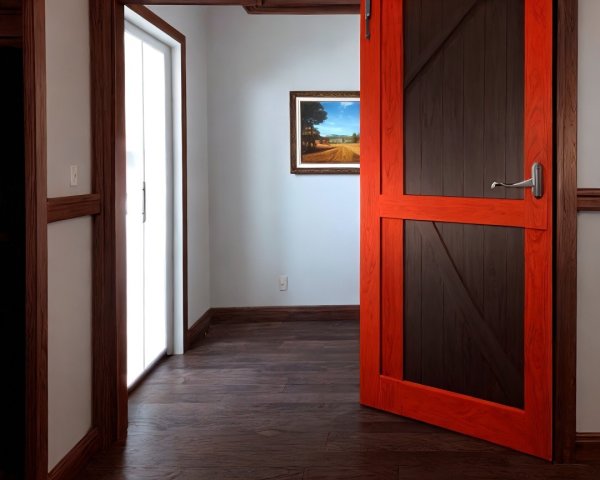Modern Interior with Red Door and Landscape Painting