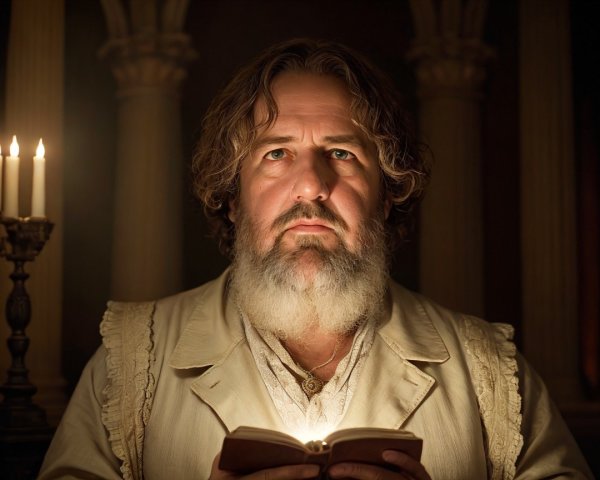 Man with Beard in Candlelit Room Reading a Book