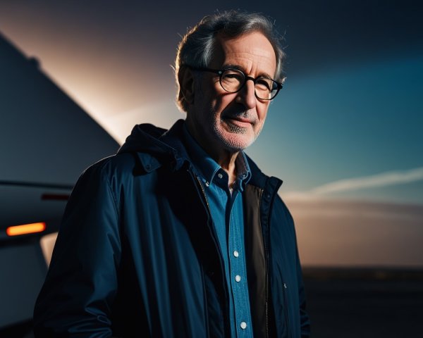 Middle-aged man in front of private jet at sunset