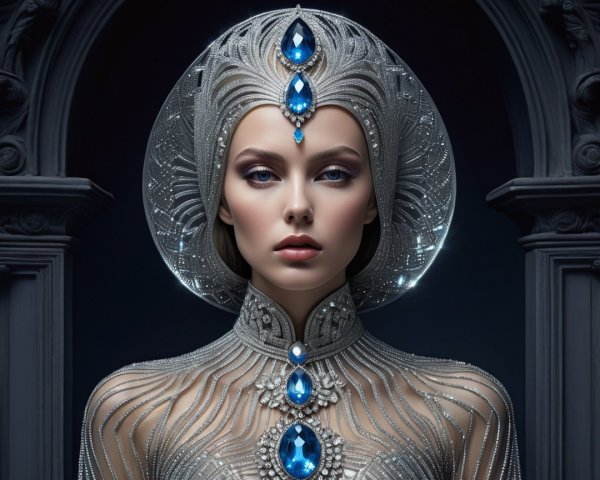 Striking Woman in Silver Gown with Blue Gemstones