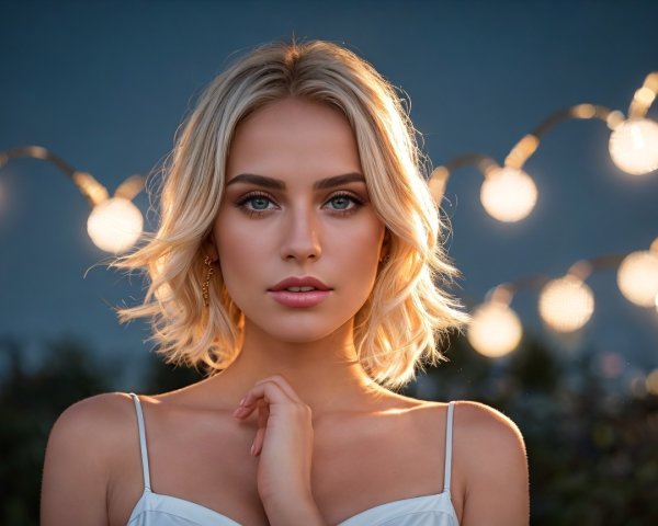 Sophisticated Blonde Bob in Romantic Setting with Lights
