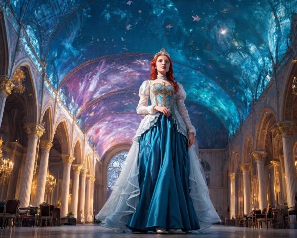 Young woman in elegant gown in grand hall setting