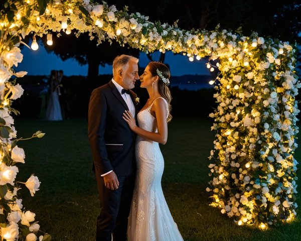 Couple Under Floral Archway on Wedding Day