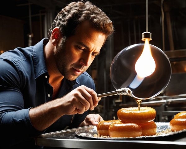 Chef Drizzling Syrup on Glazed Donuts in Kitchen