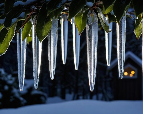 Winter Landscape with Icicles and Cozy Cabin