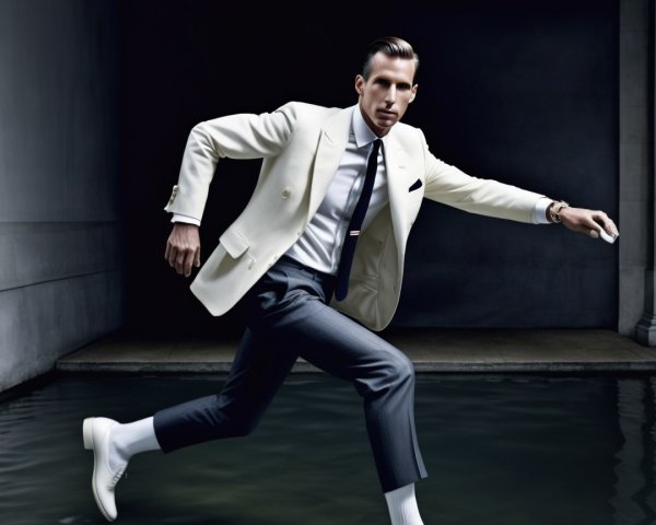 Stylish man in white blazer and gray trousers outfit