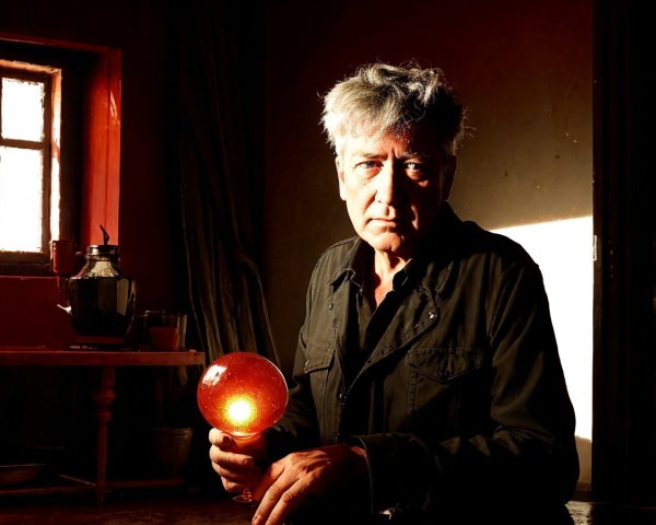 Man with glowing orb in a dimly lit rustic room