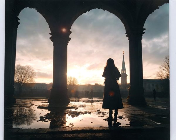 Silhouette of a woman under columns at sunset