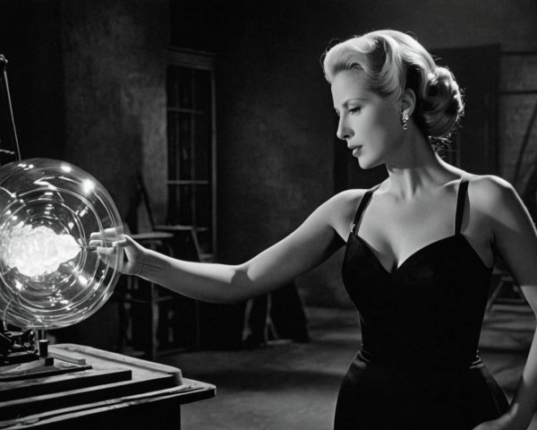 Glamorous Woman in Black Dress in Dimly Lit Room