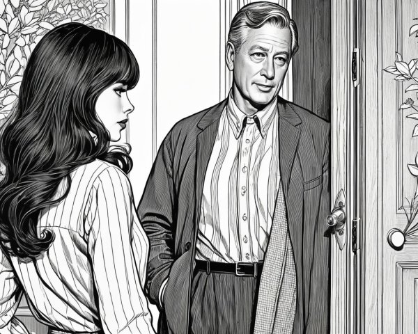 Vintage Black-and-White Illustration of a Couple at Doorway
