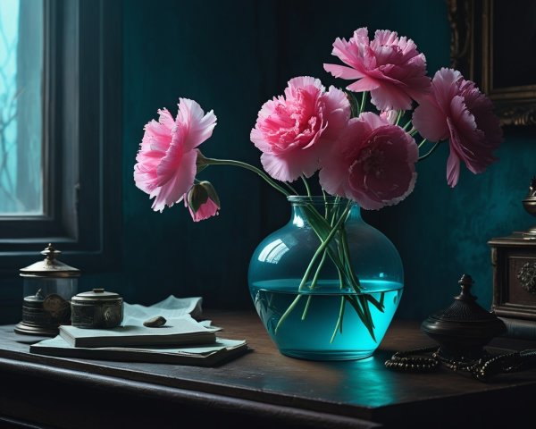 Serene Still Life with Pink Peonies and Turquoise Water