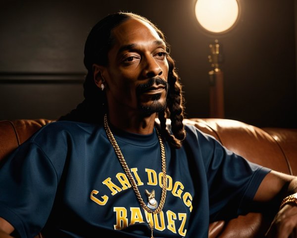 Stylish Man in Navy Shirt on Leather Couch