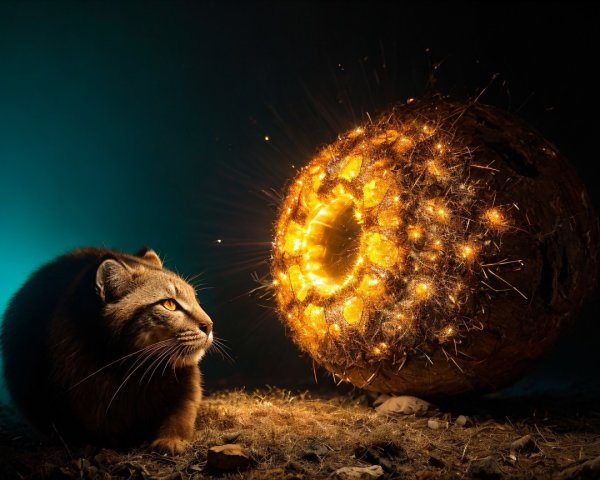 Fluffy Cat Beside Glowing Orb in Mystical Setting