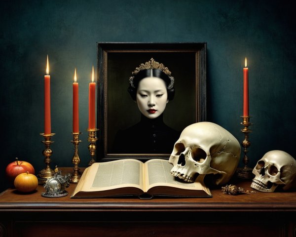 Dark Atmospheric Setting with Book and Skulls