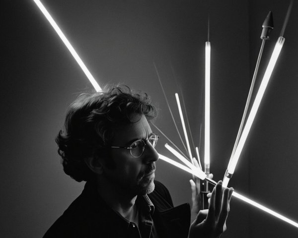 Man with Curly Hair in Dim Space with Neon Tubes