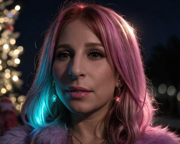 Young woman with pink and blue hair in festive setting