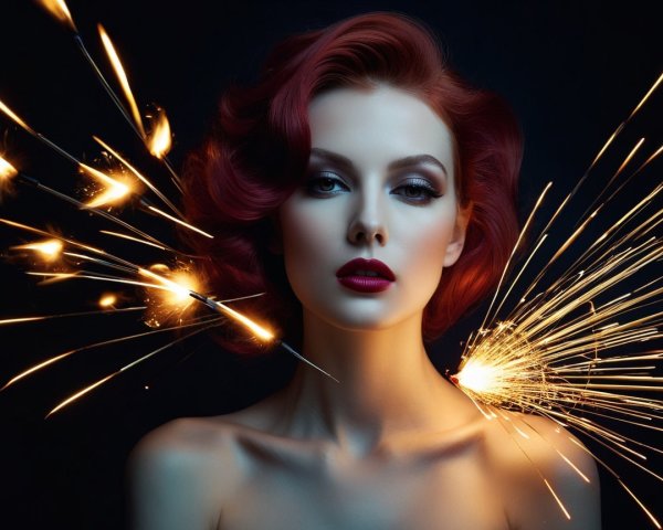 Portrait of Woman with Vintage Red Hair and Sparklers
