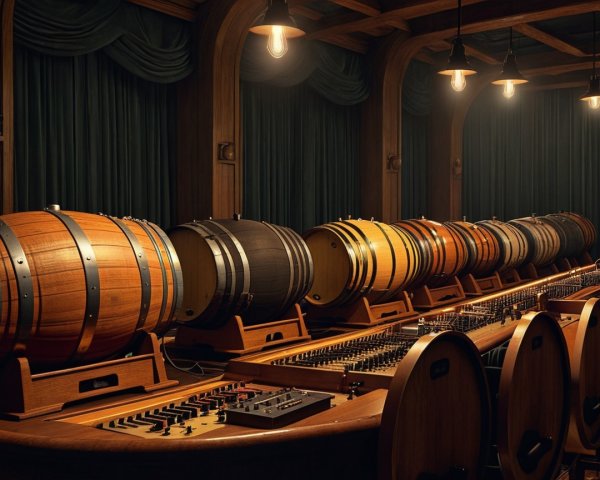 Elegant Interior with Wooden Barrels and Warm Lighting