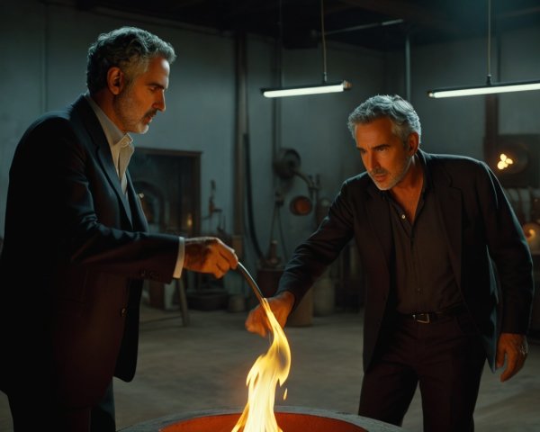 Two Men in Suits by a Large Pot of Flames