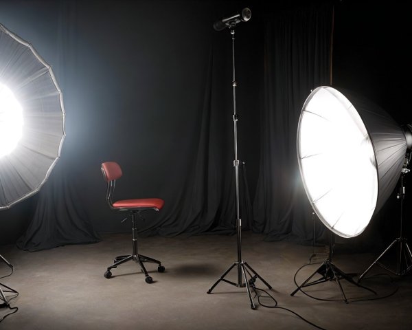 Dimly Lit Studio Setup with Red Rolling Chair and Lights