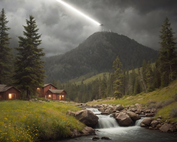 Quaint Cabins by River Under Dramatic Cloudy Sky