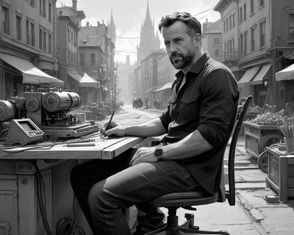 Man at Desk in Historic Townscape Setting