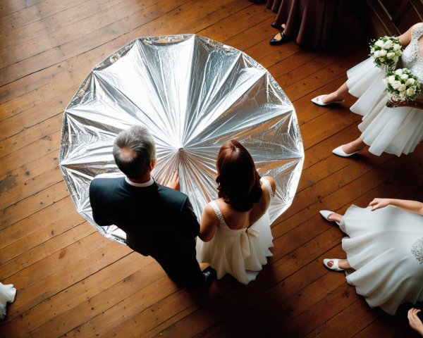 Elegant Couple Under Silver Umbrella with Bridesmaids