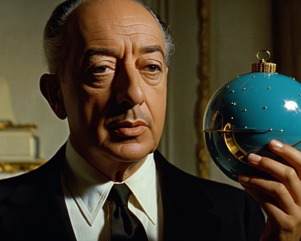 Man in formal attire examines teal globe-like object