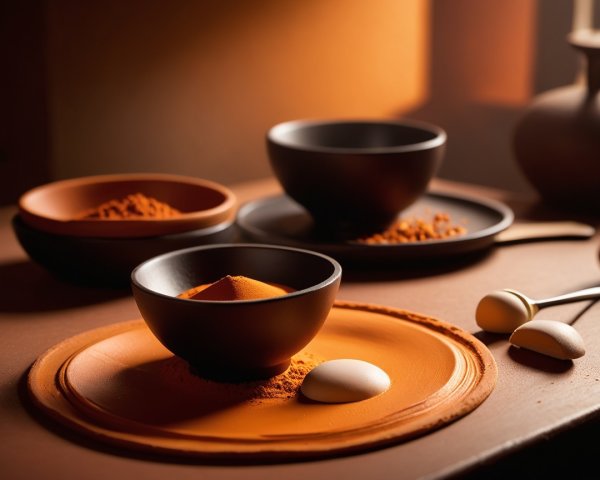 Serene kitchen scene with orange light and bowls