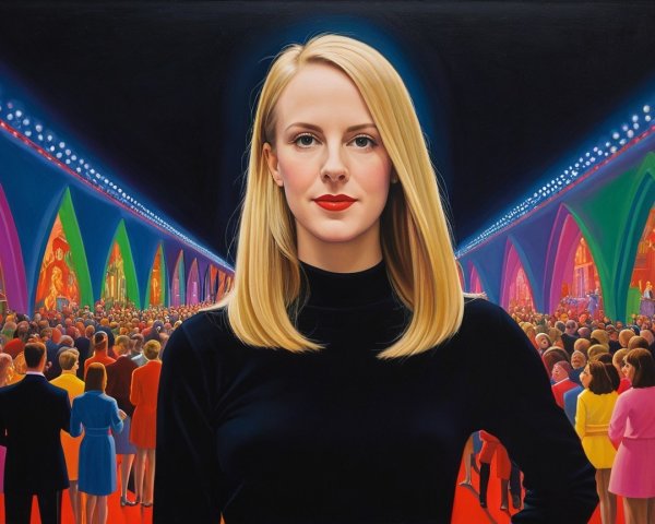 Confident Woman in Colorful Gala Setting Artwork