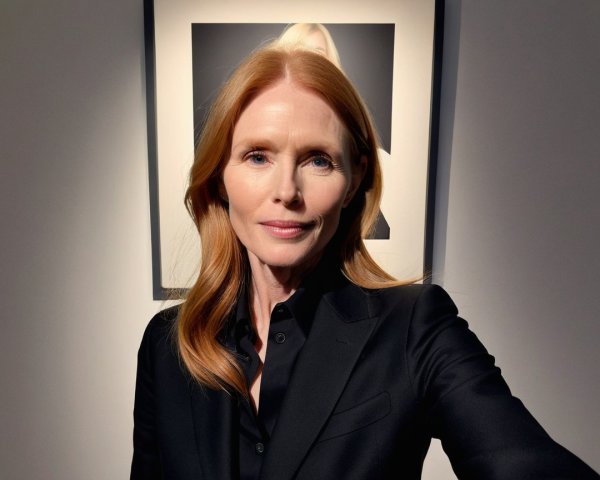 Woman with long red hair in black suit selfie