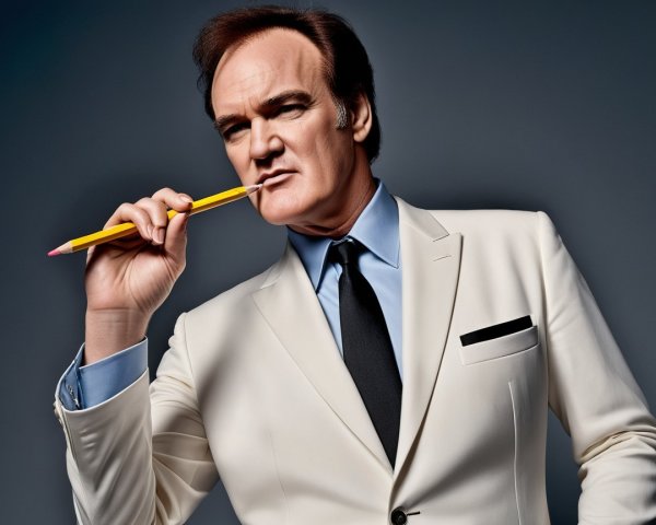 Confident Individual in White Suit with Yellow Pencil